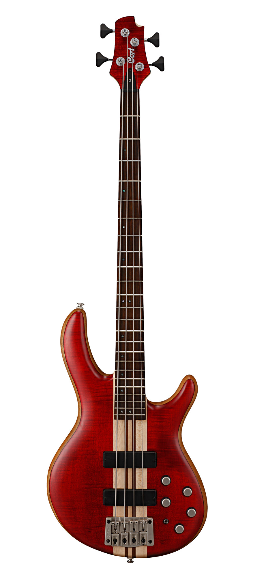 A4 Plus FMMH, table érable flammé, manche traversant 5 pièces érable/panga panga, micros et EQ Bartolini MK-1, rouge cerise