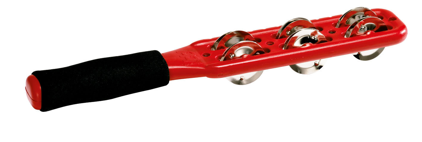 Jingle Stick, cymbalettes acier nickelé, grip gainé mousse, bords crantés pour jouer du guiro, rouge