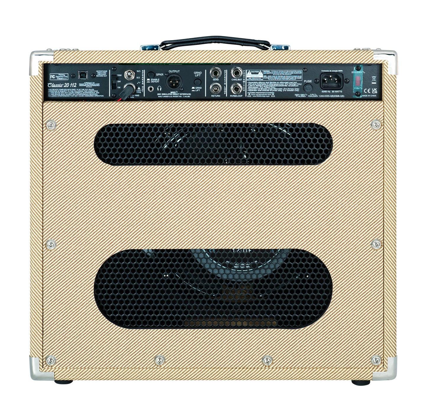 Ampli à lampes 20W, HP 1x 12", 2 canaux, EQ 3 bandes, Reverb intégrée, pédalier inclus, sortie DI, sortie casque, finition tweed