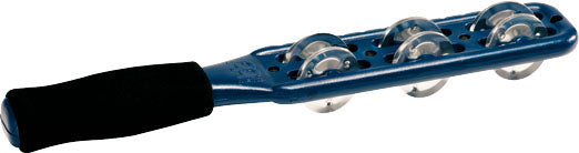 Jingle Stick, cymbalettes aluminium, grip gainé mousse, bords crantés pour jouer du guiro, bleu
