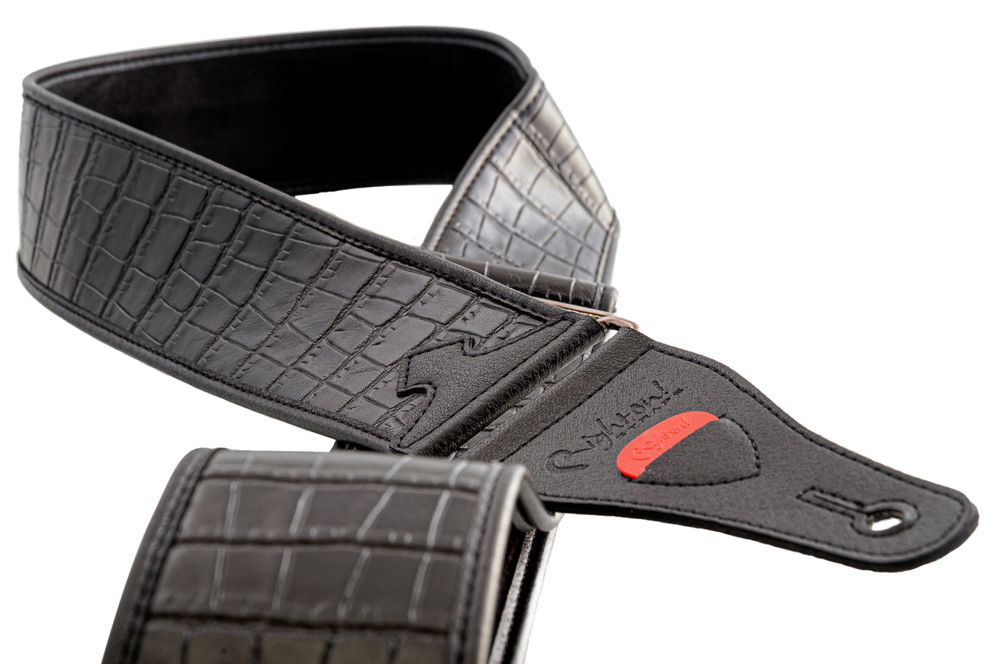 Courroie modèle ALLIGATOR, synthétique, largeur 6 cm, longueur 95 à 150 cm, porte-médiators intégré, noir