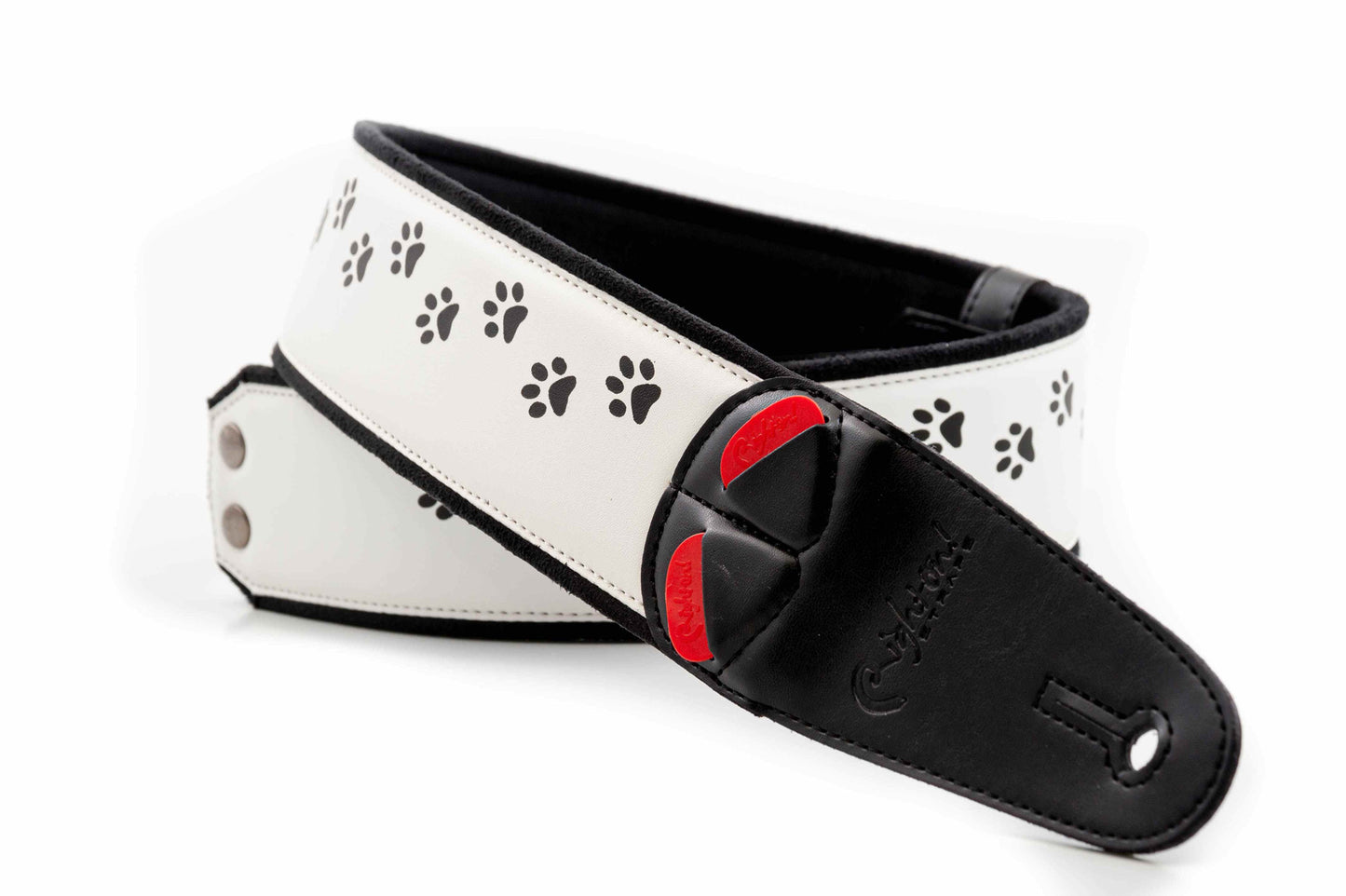 Courroie modèle CAT, extérieur synthétique, largeur 6 cm, longueur 100 à 145 cm, porte-médiators intégré, blanc