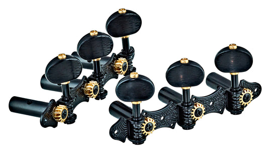 Jeu de mécaniques pour guitare classique série Deluxe, ratio 14:1, plaques noires, boutons noirs style ébène
