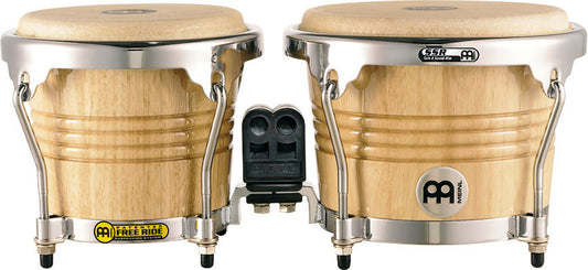 Paire bongos 6"3/4 & 8", hévéa, susp. Free Ride, peaux buffle, crochets 8 mm, cercles SSR 2mm, accast. chromé, naturel brill
