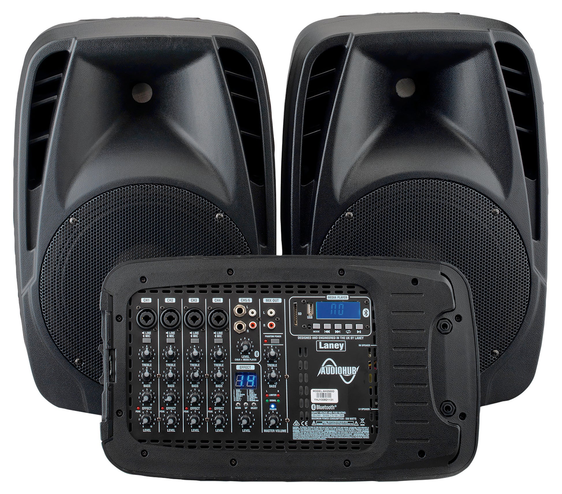 Système polyvalent complet AH2500D, 2x 500W avec enceintes 10", mixeur, 2 micros et câbles, effets intégrés, 18.7 kg, noir