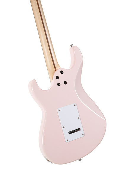 G200, corps peuplier, manche érable, touche jatoba , 2 micros simples et 1 double Powersound, plaque blanche, rose pastel