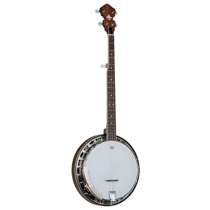OBJ300, banjo 5 cordes, 24 tirants, fond érable, éclisses acajou, manche acajou, touche palissandre, whiskey burst satiné