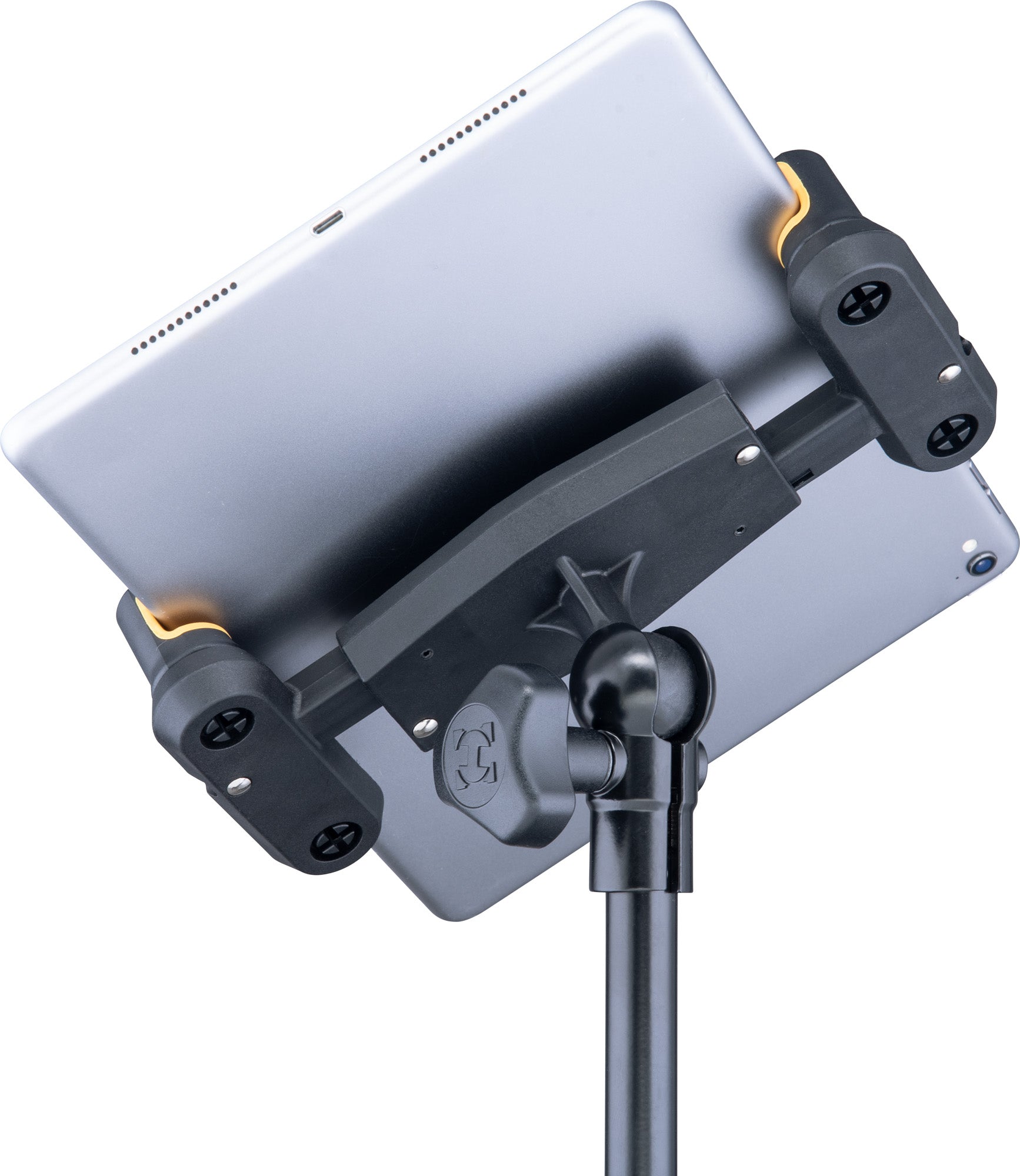 Pied pour tablette et smartphone 6,1" à 13", hauteur réglable 108 à 178 cm, rotation 360°, noir et jaune