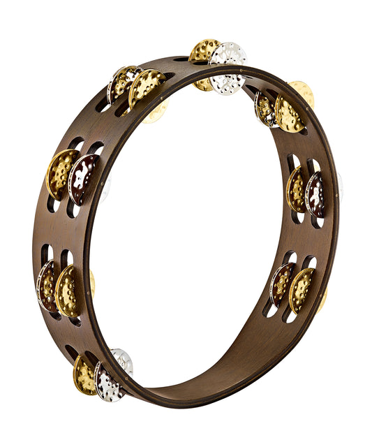 Tambourin bois 10", 2 rangées de cymbalettes laiton martelé et nickel, Walnut brown