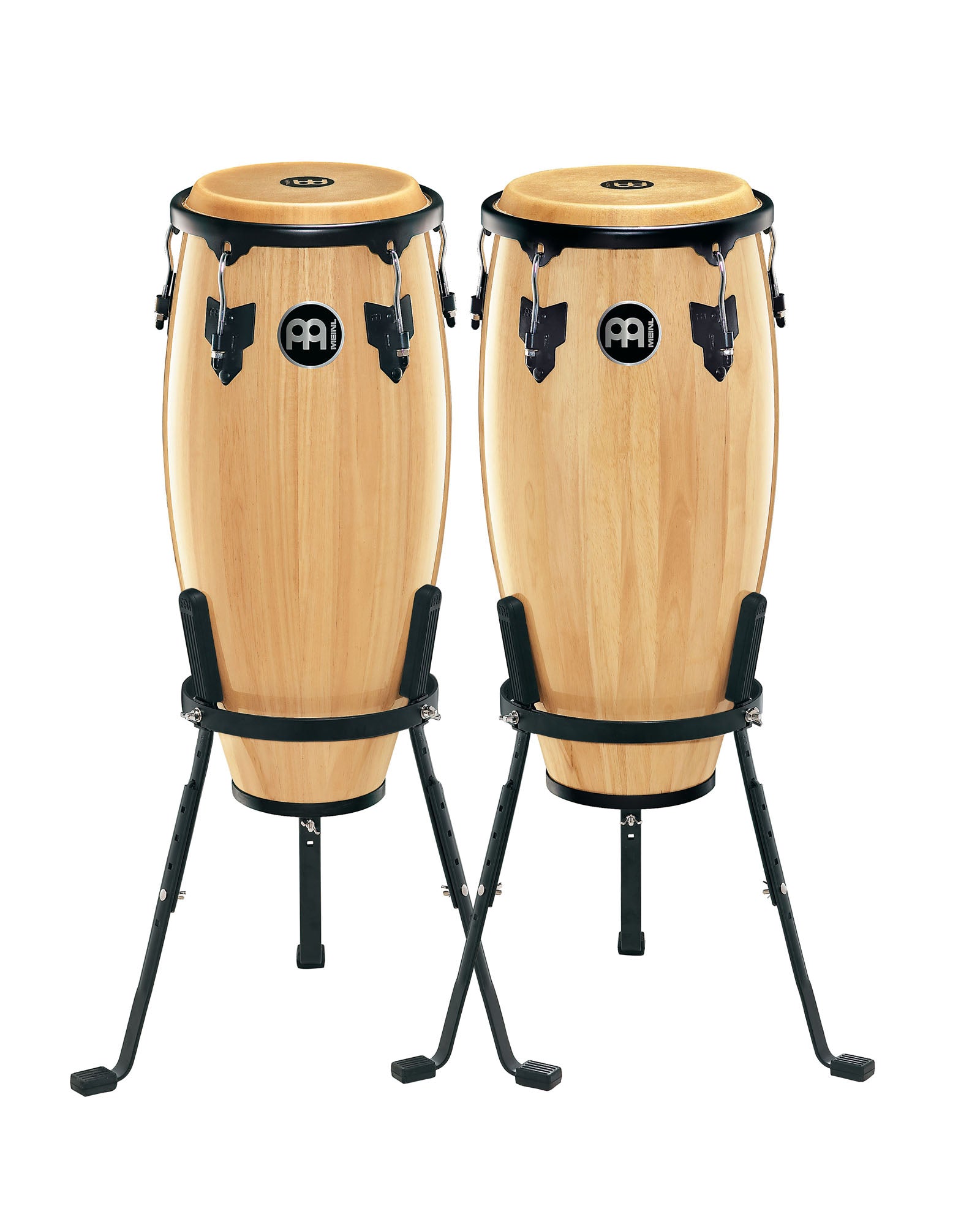 Paire congas 10 & 11", hévéa, 71 cm, peaux buffle, accastillage noir poudré, avec supports panier, Natural brillant