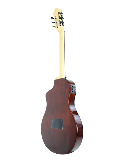 RTPFE-1, modèle TourPlayer, EQ Magus X, corps okoumé, table érable flammé, sillet 48 mm, housse, naturel brillant