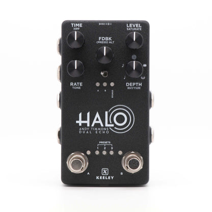Pédale HALO, Andy Timmons Dual Echo, délai stéréo 5 modes, entrée pour pédale d'expression, boitier métal, gris