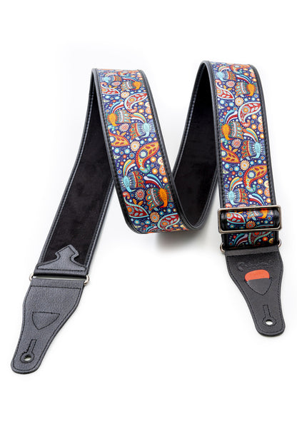 Courroie modèle KASHMIR BLEU, tissu, extrémités synthétique, largeur 6 cm, longueur 90 à 150 cm, porte-médiators intégré, unic