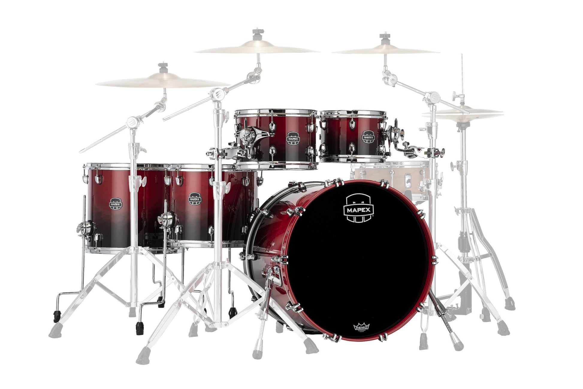 Batterie Saturn STUDIOEASE, 5 fûts en érable et noyer, sans accessoires, Scarlet Fade