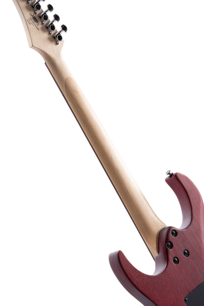 X100, corps meranti, manche érable, touche jatoba, trémolo 6 points, 2 doubles Powersound, black cherry pores ouverts