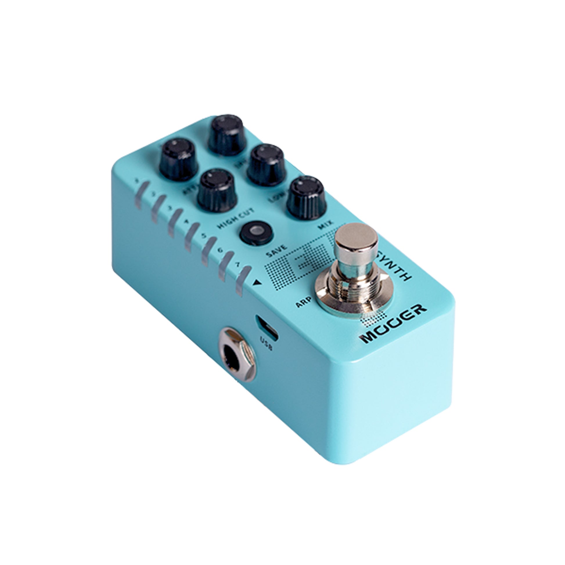 Pédale E7 SYNTH, synthétiseur guitare polyphonique, 7 types de sons, 7 presets utilisateurs, boîtier métal, true bypass, bleu
