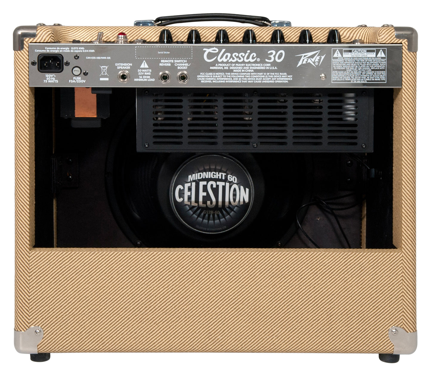 Ampli à lampes 30W, HP 1x 12", 2 canaux, EQ 3 bandes, fonction Boost,"Spring Reverb" intégrée, pédalier inclus, finition tweed