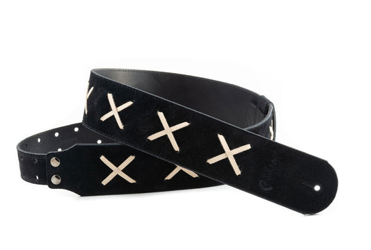 Courroie modèle LEGEND DG, cuir haute qualité, largeur 6 cm, longueur 100 à 145 cm, porte-médiators intégré, noir