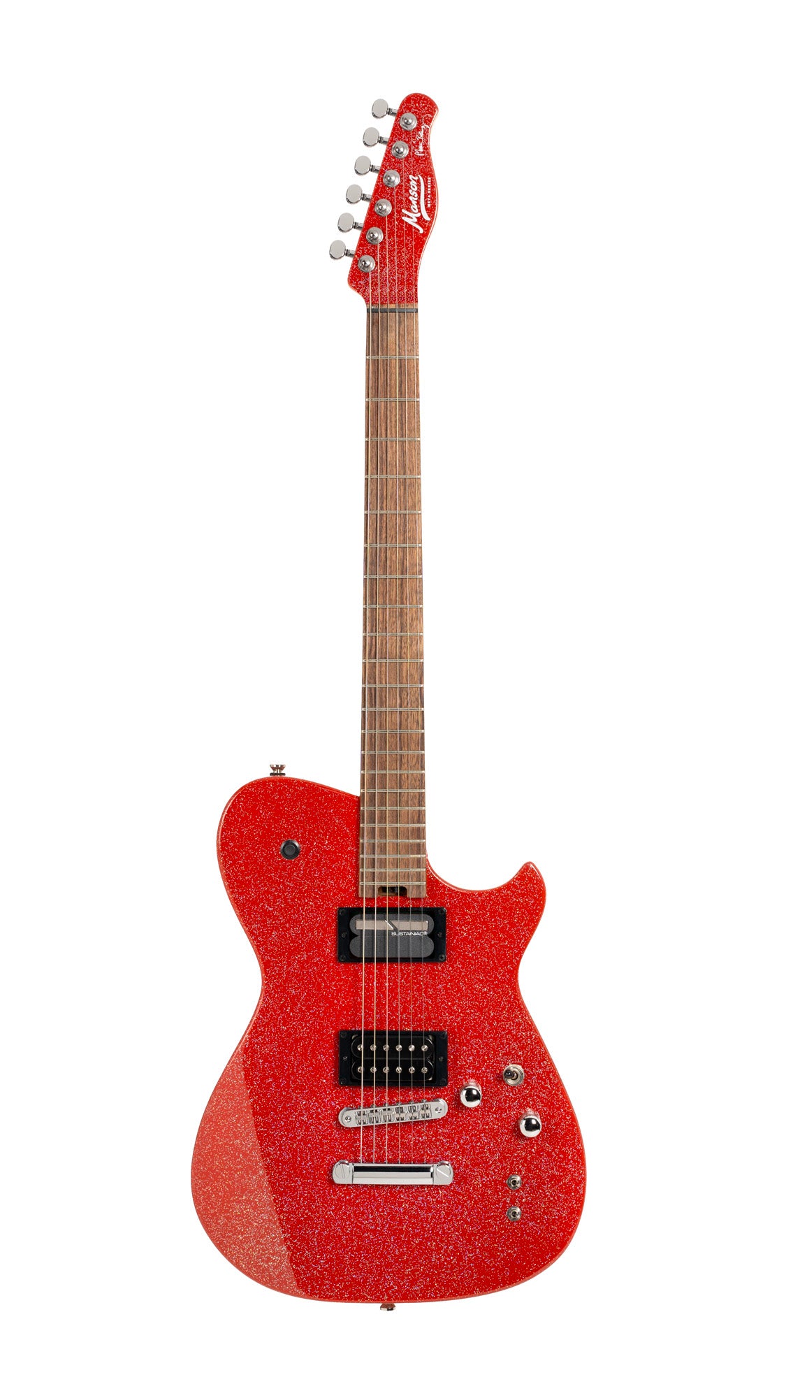 MBM-2H-SUS, signature Matt Bellamy, corps tilleul, manche érable, micros Manson & Sustainiac,"Kill" bouton, rouge pailleté