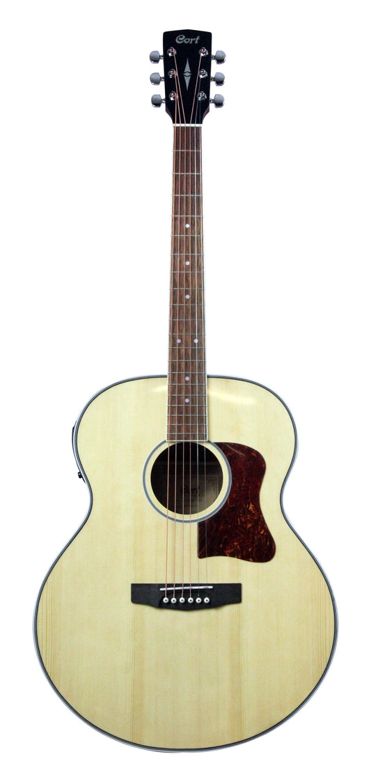 CJ-MEDX, forme Jumbo, table épicéa, fond & éclisses acajou, manche acajou, touche merbau, EQ Cort CE306T, naturel brillant