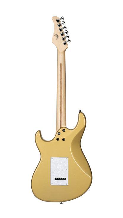 G250, corps tilleul, manche érable, touche jatoba, 1 micro double et 2 simples Cort Alnico V, trémolo, champagne or métallisé