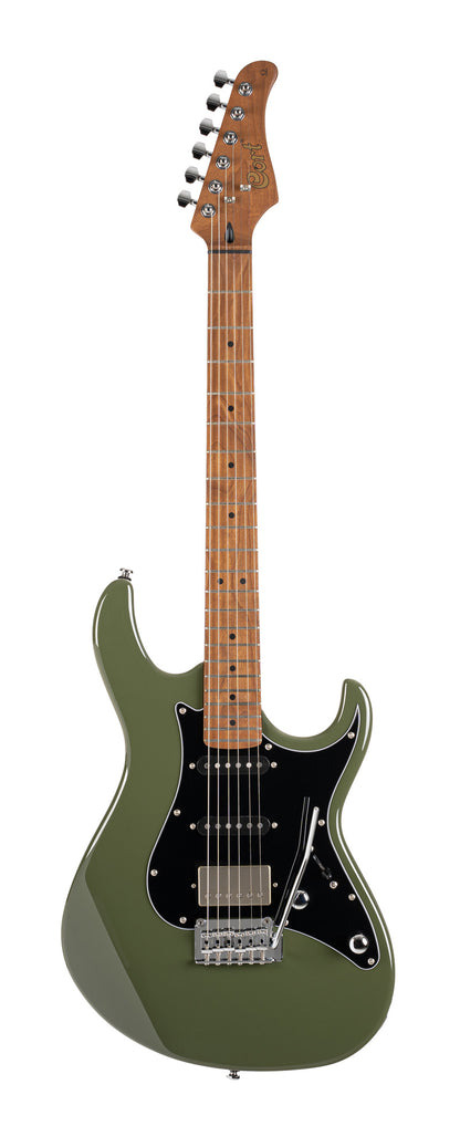 G250 SE, corps tilleul, manche et touche érable torréfié, 1 micro double et 2 simples Cort Voiced Tone, trémolo, olive