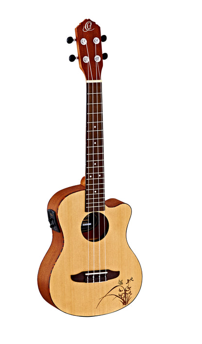 RU5CETE, modèle Ténor pan coupé, EQ MagusUke, table épicéa avec motif, f/e sapele, manche acajou, naturel satiné