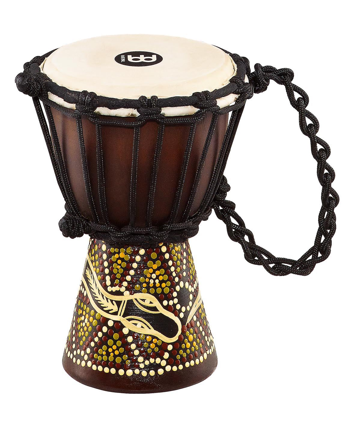 Mini djembé 4.5", acajou 1 pièce, 20cm, peau chèvre sélectionnée, cordage nylon 3mm, peint main, design Dark Serpent