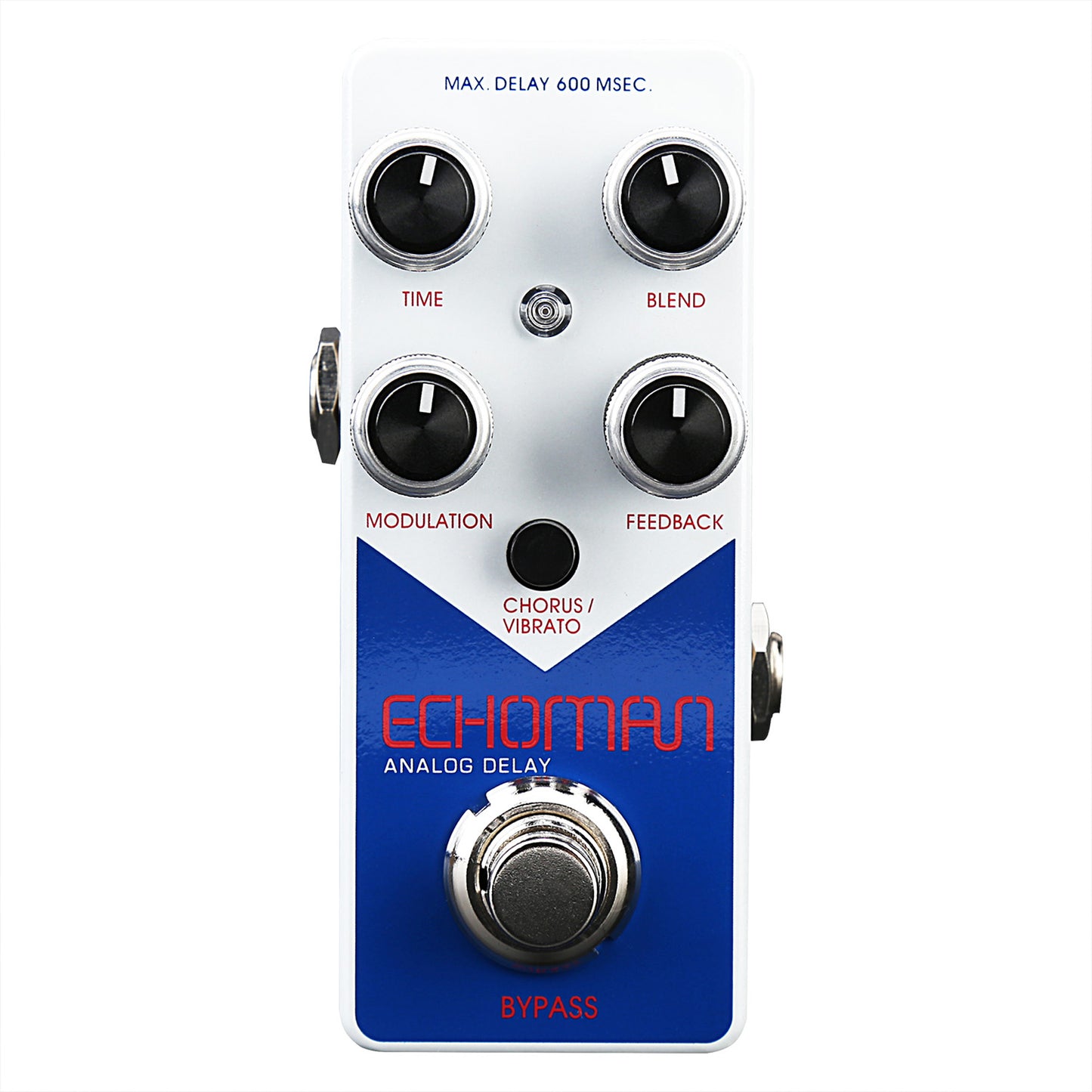 Pédale d'effet ECHOMAN, délai type analogique (jusqu'à 600 ms), modulation (CHORUS/VIBRATO), buffered bypass, blanc et bleu