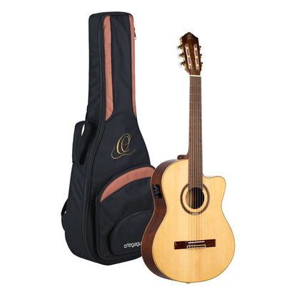 RCE138SN, modèle Slim Neck, pan coupé, EQ MagusPro, table épicéa massif, f/e sapele, manche acajou (sillet 48 mm), housse