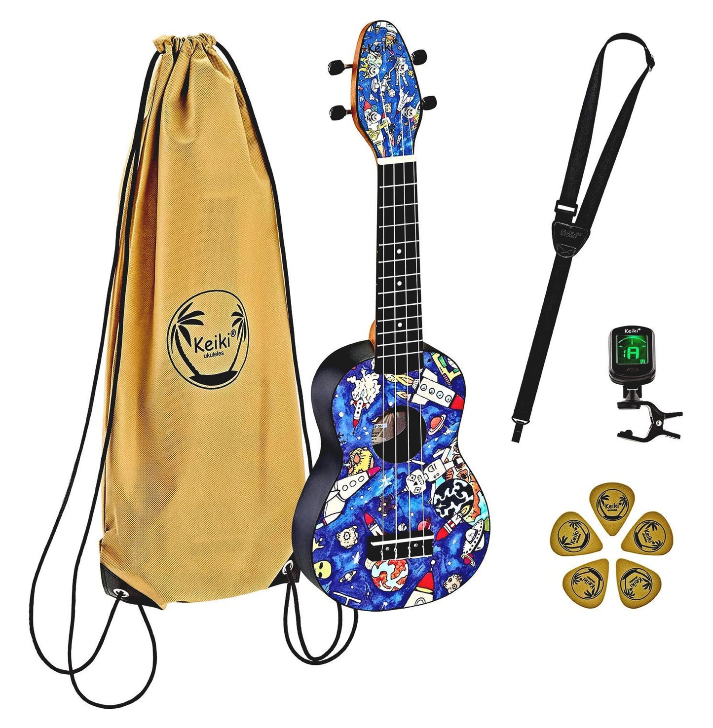 K2-SP, pack ukulélé Soprano, table agathis design"Spaceman", corps ABS légèrement galbé, manche okoumé, 12 frettes, accessoires