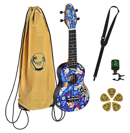 K2-SP, pack ukulélé Soprano, table agathis design"Spaceman", corps ABS légèrement galbé, manche okoumé, 12 frettes, accessoires