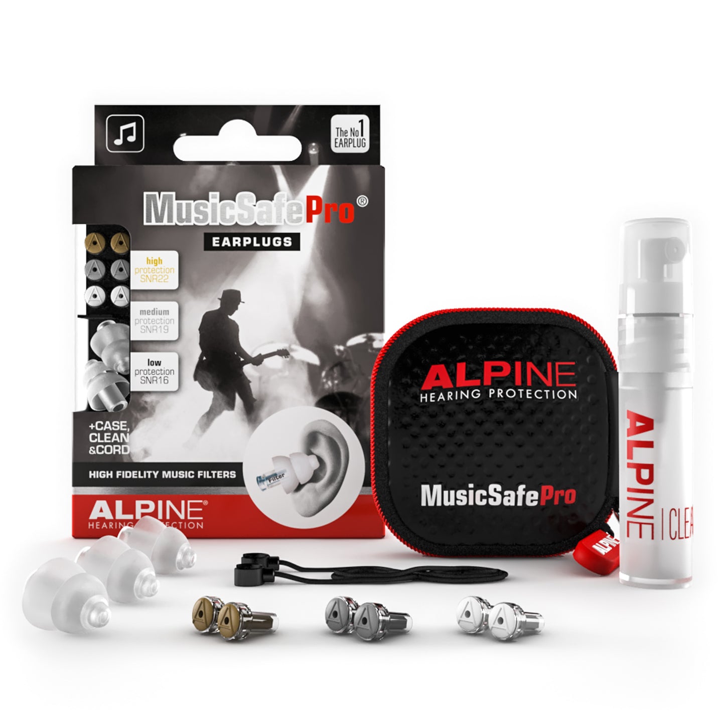 MusicSafe Pro, deux bouchons d'oreilles professionnels et un bouchon de réserve, trois paires de filtres, étui, transparent