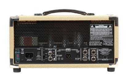 Tête amplifiée à lampes compact 20W, 2 canaux, EQ 3 bandes, Reverb, pédalier inclus, sortie DI, sortie casque, finition tweed
