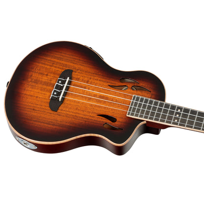 RTPX-U-ACA, modèle Tourplayer Ténor, pan coupé, EQ Magus X/U, table acacia, f/e okoumé, manche acajou, housse, dégradé brillant