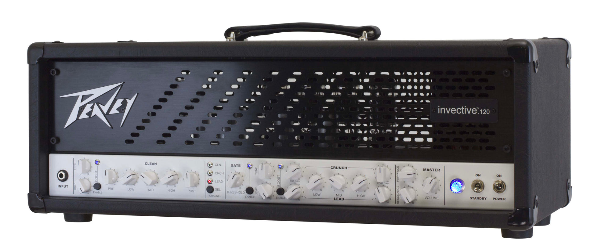 Tête amplifiée à lampes 120W, 3 canaux, EQ 3 bandes, Gate, Boost, développé en collaboration avec Misha Mansoor, finition noir