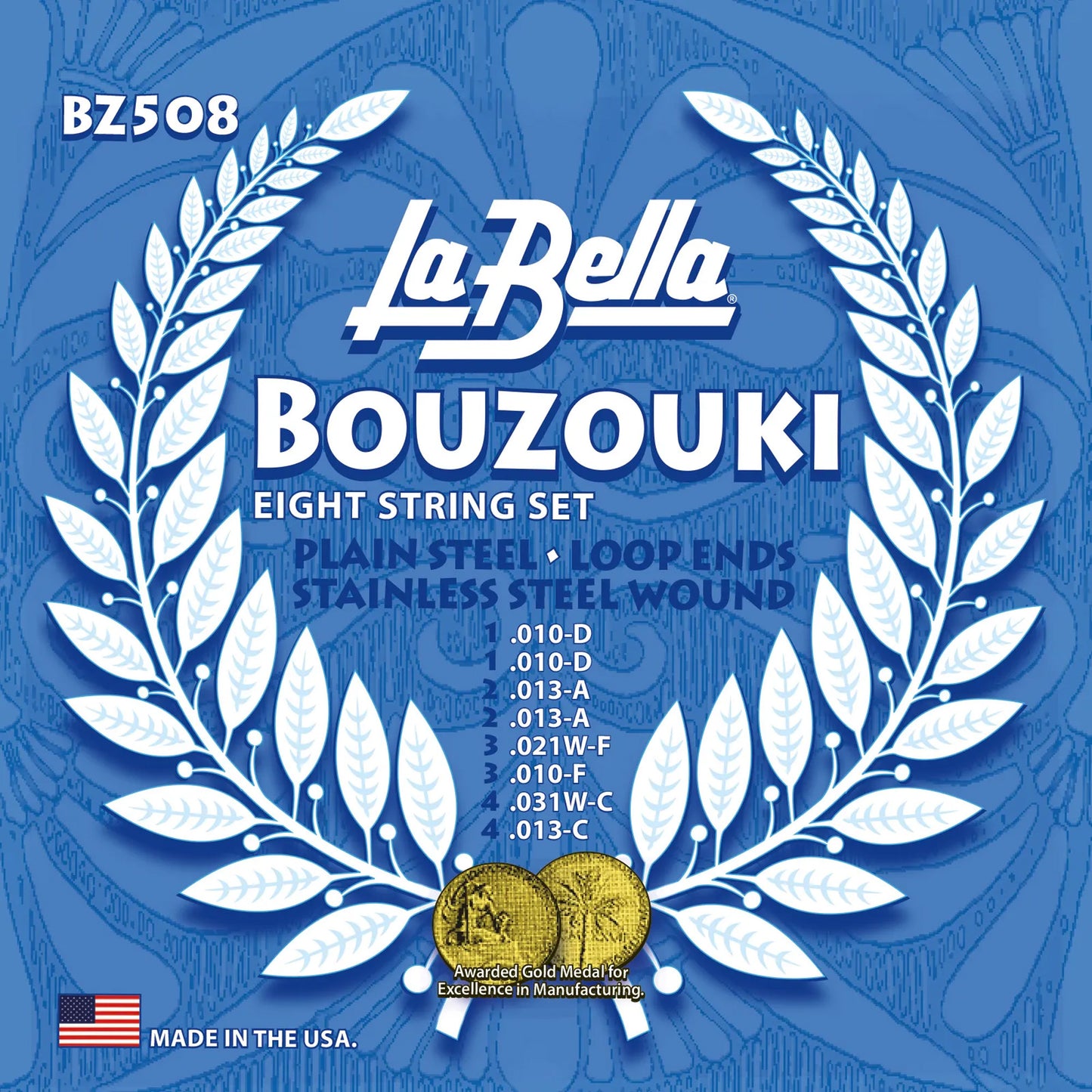 Jeu pour bouzouki grec, acier plein et filé acier inoxydable, 8 cordes Standard (10/10-13/13-21w/10-31w/13)