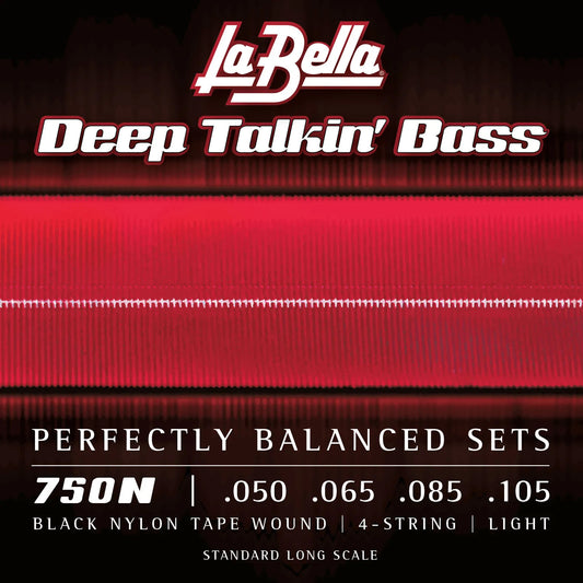 Jeu pour basse électrique BLACK NYLON TAPE, acier inoxydable, filé plat nylon noir, 4 cordes Light (50-65-85-105)