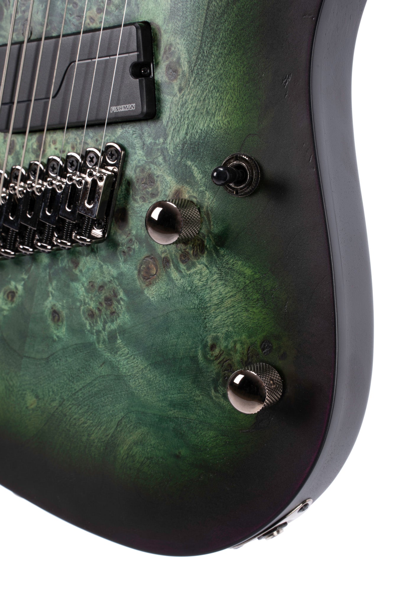 KX507MS, modèle 7 cordes, corps acajou, table peuplier figuré, touche ébène, micros Fishman Fluence, star dust green