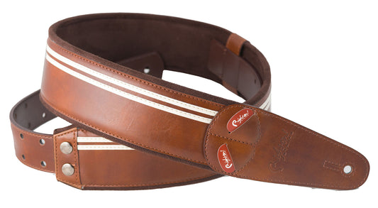 Courroie modèle RACE, extérieur synthétique, largeur 6 cm, longueur 100 à 145 cm, porte-médiators intégré, brun