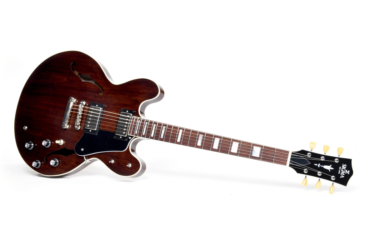 Modèle HBW-102H, Forme Semi-Hollow, table noyer noir, f/e noyer noir, touche palissandre, 2 micros Humbucker, dark stain, étui
