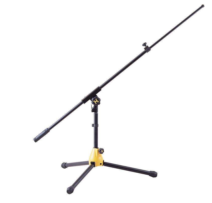 Support bas avec perche télescopique longue 2 parties, base du trépied en aluminium moulé, parfait pour batterie et amplis