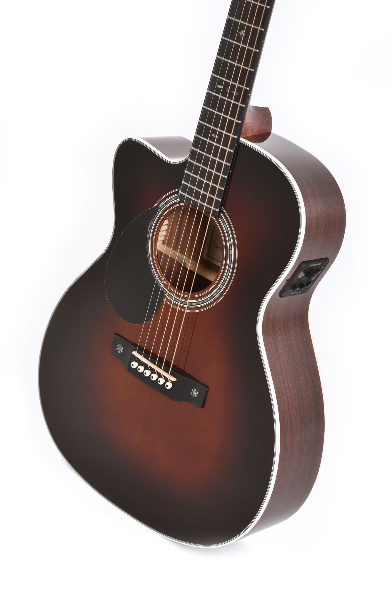 Modèle OMTC-1EL-SB, Orchestra Model pan coupé, table épicéa massif, f/e tilia, EQ Fishman, sunburst brillant, gaucher