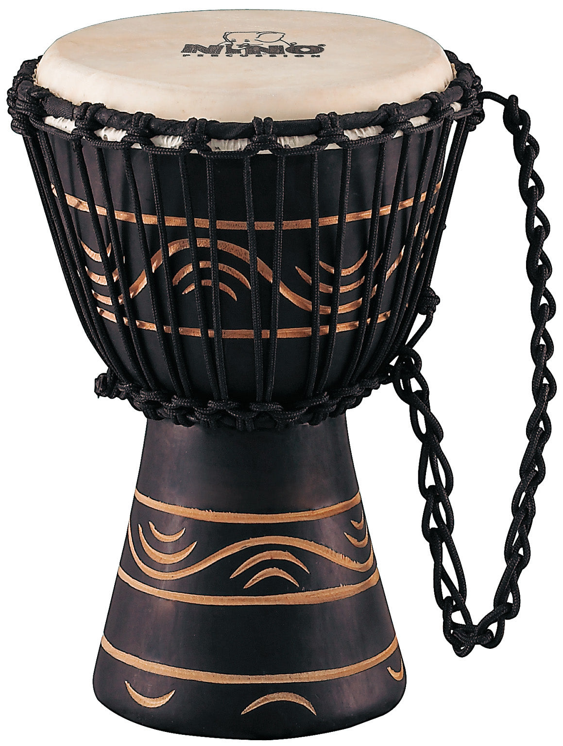 Djembé 7" (extra small) style africain série Moon, fût acajou, peau chèvre sélectionnée, cordage pré-étiré, gravé main, noir