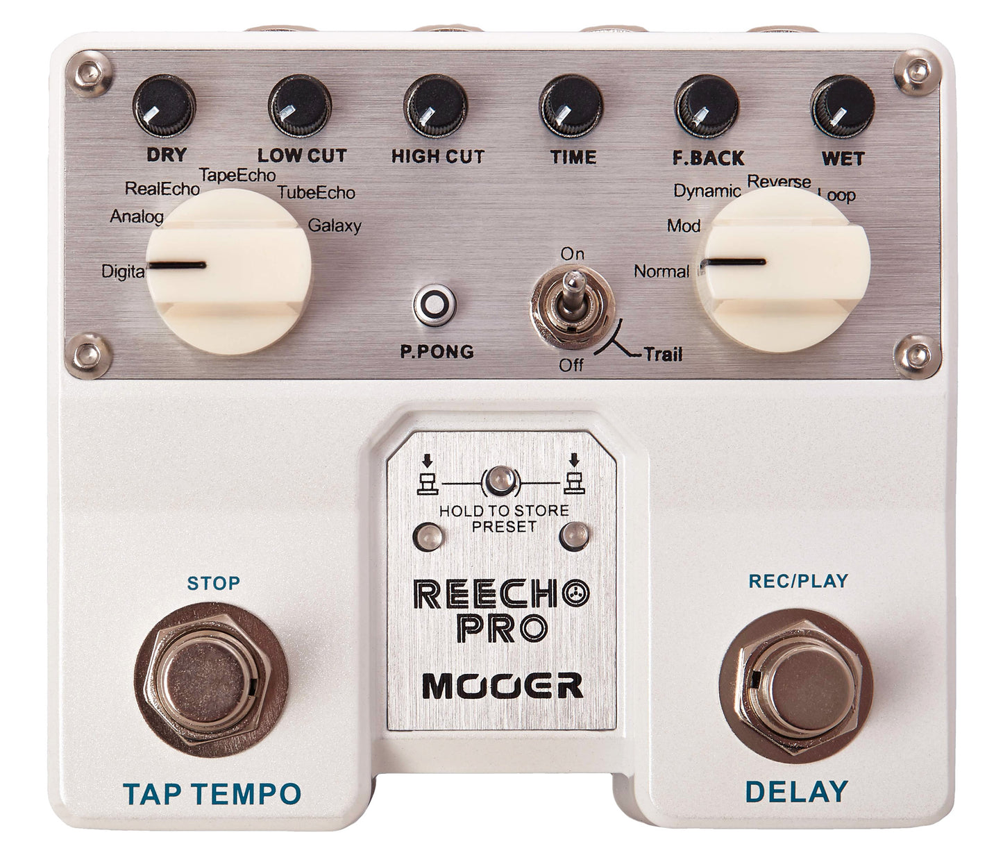 Pédale REECHO PRO, série Twin, délai numérique stéréo à 6 modes, boîtier métal, true bypass, blanc