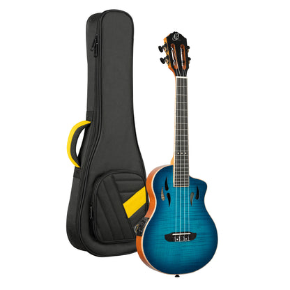 RTPX-U-FMA, modèle Tourplayer Ténor, pan coupé, EQ Magus X/U, table érable flammé, f/e okoumé, manche acajou, housse, bleu