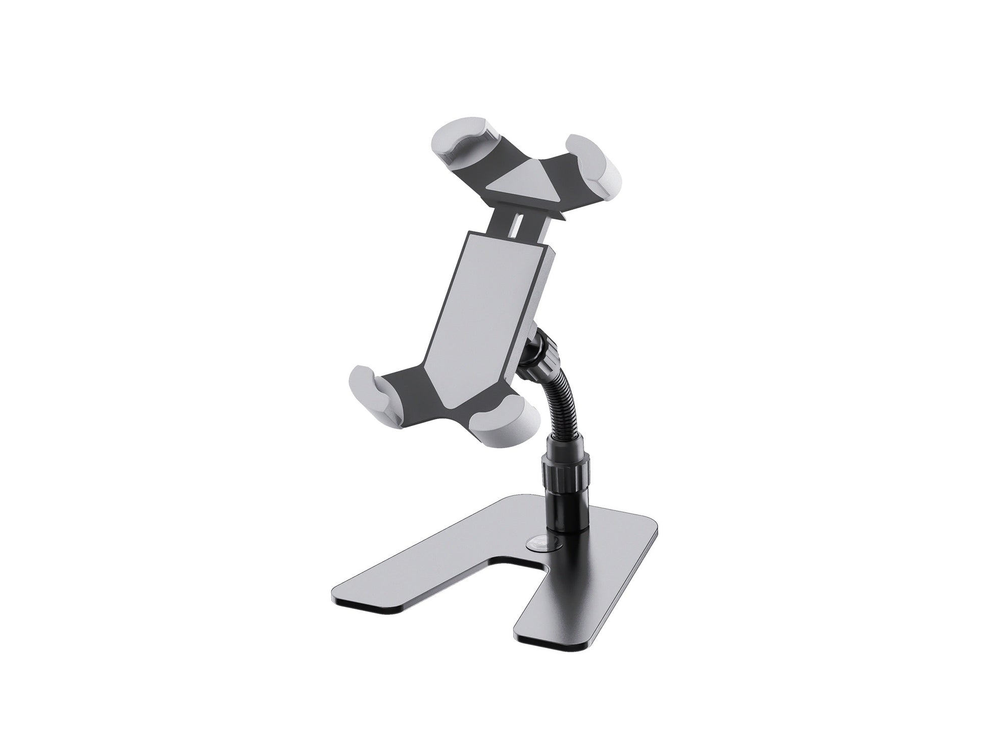 Support tablette de table design, acier et plastique, bras de maintien flexible, noir.
