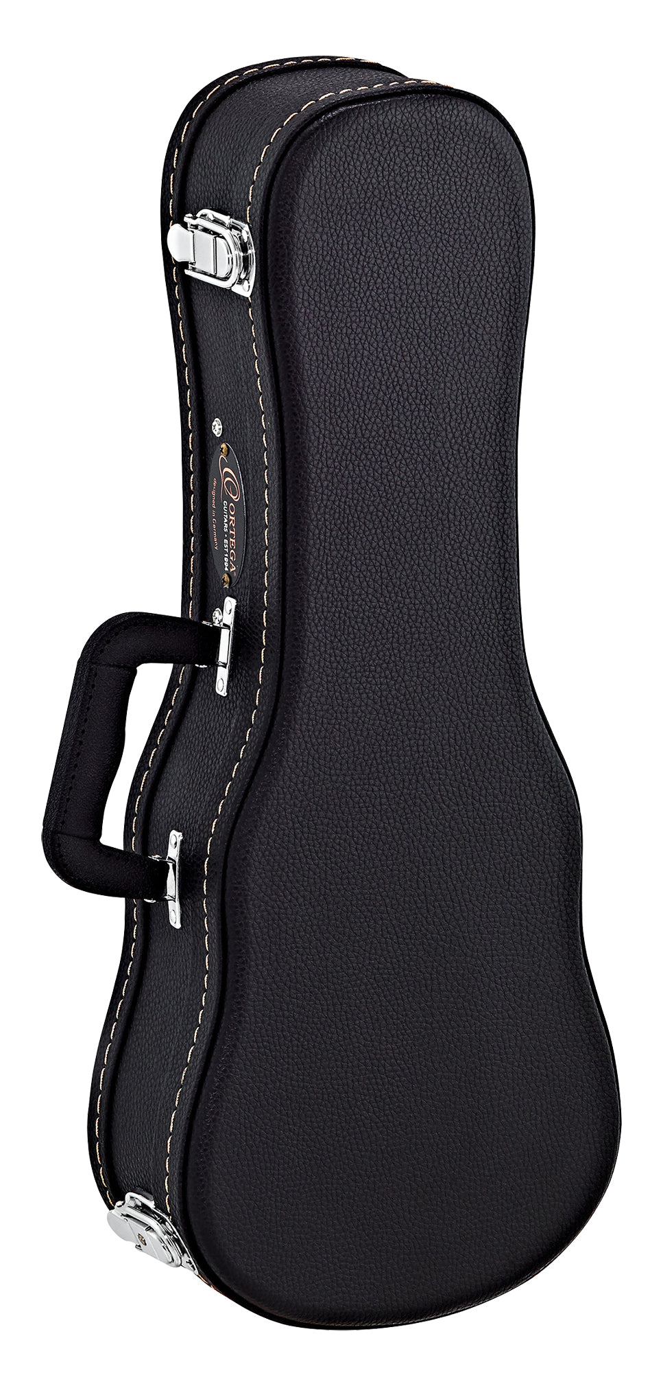 Etui bois pour ukulélé Soprano, avec surpiqures et logo, noir
