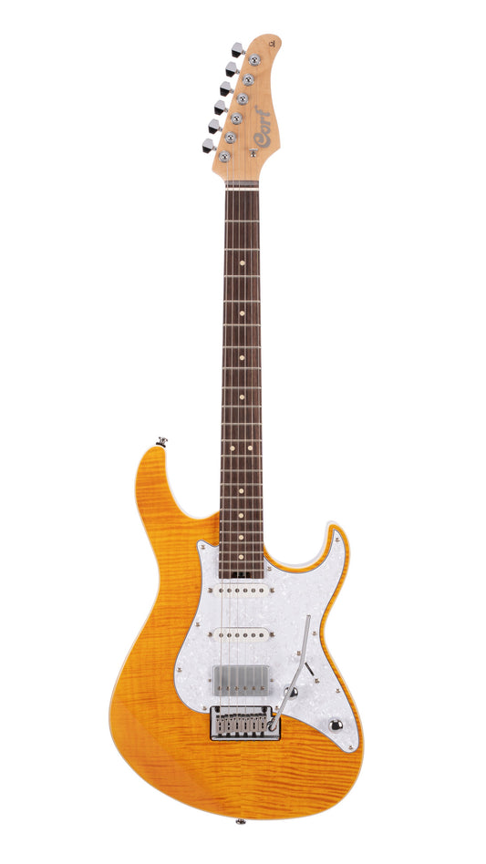 G280 SELECT, corps aulne, table érable flammé, touche palissandre, 2 micros simples et 1 double Voiced Tone, ambre