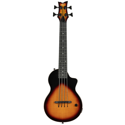 NEO-BS-TSB, modèle Ukebass, pan coupé, EQ MagusExpress, table érable flammé, corps okoumé, manche érable, housse, tobacco burst